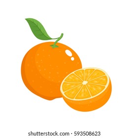 Bright vector set of colorful half and whole of juicy orange. Fresh cartoon oranges on white background.