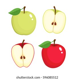 Bright vector set of colorful half and whole of juicy apple. Fresh cartoon apples on white background.