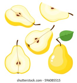 Bright vector set of colorful half, slice and segment of juicy yellow pear. Fresh cartoon pears on white background.