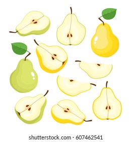 Bright vector set of colorful half, slice and segment of juicy yellow and green pear. Fresh cartoon pears on white background.