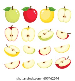 Bright vector set of colorful half, slice and segment of juicy apple. Fresh cartoon apples on white background.