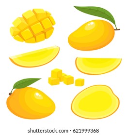 Bright vector set of colorful half, slice and whole of mango. Fresh cartoon exotic fruits isolated on white background.