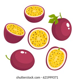 Bright vector set of colorful half, slice and whole of passion fruit. Fresh cartoon exotic passion fruit isolated on white background.