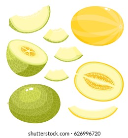 Bright vector set of colorful half, slice and whole of juice melon. Fresh cartoon vegetable isolated on white background.