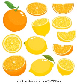 Bright vector set of colorful half, slice and segment of juicy orange and lemon. Fresh cartoon citrus fruits on white background.