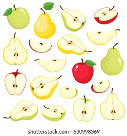 Bright vector set of colorful half, slice and segment of juicy apple and pear. Fresh cartoon fruits on white background.