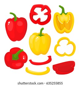 Bright vector set of colorful half, slice and whole of juice sweet pepper. Fresh cartoon vegetable isolated on white background. Illustration used for magazine, poster, card, menu cover, web pages.