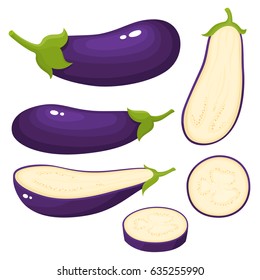 Bright vector set of colorful half, slice and whole of eggplants. Fresh cartoon vegetable isolated on white background. Illustration used for magazine, book, poster, card, menu cover, web pages.
