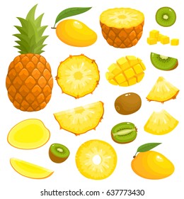 Bright vector set of colorful half, slice and whole of pineapple, mango, kiwi. Fresh cartoon exotic fruit isolated on white background.