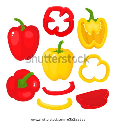 Bright vector set of colorful half, slice and whole of juice sweet pepper. Fresh cartoon vegetable isolated on white background. Illustration used for magazine, poster, card, menu cover, web pages.
