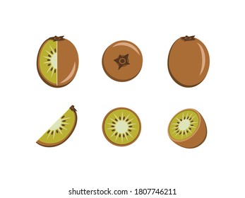 
Helle Vektorset aus bunten Hälften, Scheiben und ganzen frischen Kiwi. Frischer Cartoon-Kiwi einzeln auf weißem Hintergrund.