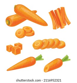 Bright vector set of colorful halves, slices and whole carrots. Fresh cartoon vegetable isolated on white background.