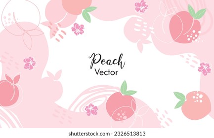 Bright vector set of colorful juicy peach backround pattern. Peach. Set. Set of colorful peach fruit, leaves, branches and flowers