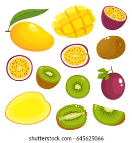 Bright vector set of colorful of kiwi, mango, passion fruit. Fresh cartoon different fruits isolated on white background used for magazine, book, poster, card, menu cover, web pages.