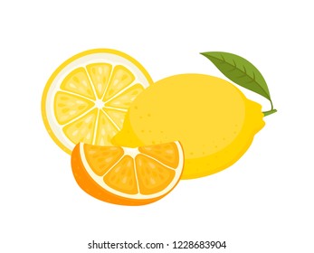 Bright vector set of colorful lemon and oranges. Cartoon organic fresh fruits isolated on white background used for magazine, book, poster, card, menu cover, web pages.
