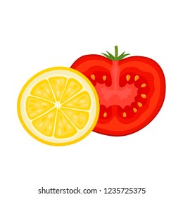 Bright vector set of colorful lemon and tomato. Cartoon organic fresh vegetable and fruit isolated on white background used for magazine, book, poster, card, menu cover, web pages.