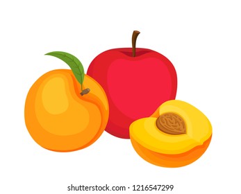 Bright vector set of colorful peach and apple. Cartoon organic fresh fruits isolated on white background used for magazine, book, poster, card, menu cover, web pages.