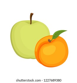 Bright vector set of colorful peach and apple. Cartoon organic fresh fruits isolated on white background used for magazine, book, poster, card, menu cover, web pages.