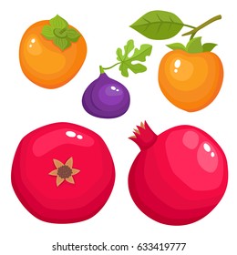 Bright vector set of colorful persimmon, figs, pomegranate. Fresh cartoon fruits isolated on white background. Agriculture and food theme design