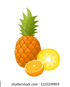 Bright vector set of colorful pineapple and orange. Cartoon organic fresh fruits isolated on white background used for magazine, book, poster, card, menu cover, web pages.