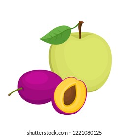 Bright vector set of colorful plums and apple. Cartoon organic fresh fruits isolated on white background used for magazine, book, poster, card, menu cover, web pages.