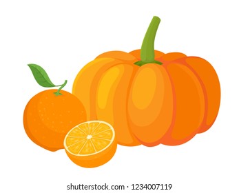 Bright vector set of colorful pumpkin and oranges. Cartoon organic fresh vegetable, fruit isolated on white background used for magazine, book, poster, card, menu cover, web pages.