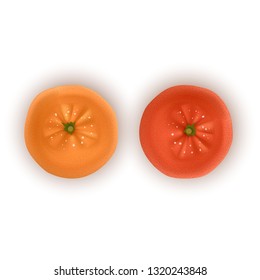 Bright vector set of colorful segment of juicy orange. top view. Fresh Realistic oranges on white background.