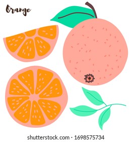 Bright vector set of colorful slice and whole of juicy orange. Fresh cartoon oranges on white background.