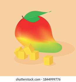 Bright vector set of colorful slices and whole mango. Fresh cartoon exotic fruits on a light background.