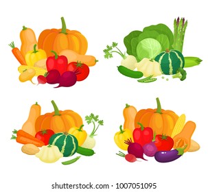 Bright vector set of colorful yellow, orange, red vegetables. Fresh cartoon organic vegetable isolated on white background used for magazine, book, poster, card, menu cover, web pages.