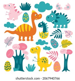 A bright vector set with cute dinosaurs, plants, trees, clouds and eggs. A colorful cartoon set for creating unusual prints for printing on children's wallpaper, fabric, clothing, packaging, etc.