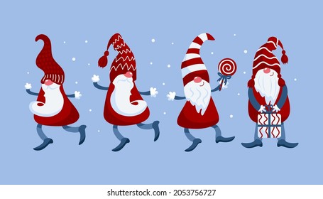 Bright vector set of cute little Christmas gnomes in caps with lollipop, gift. In different poses, dance, run, stand under the snow. blue-red colors. For stickers, posters, postcards, design elements.