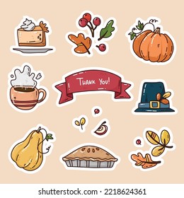 Conjunto de vectores luminosos con elementos dibujados a mano del día de acción de gracias adorables. Sombrero de dibujos animados y tarta, con hojas de otoño y manzana. Fondo colorido.