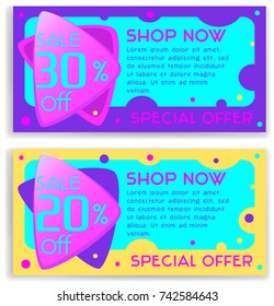 Bright vector set of discount, special offer flyer template for shopping, sale toys, care products, delicious, women's clothes, cosmetics, advertising banner.Colorful, with trendy geometric shapes.