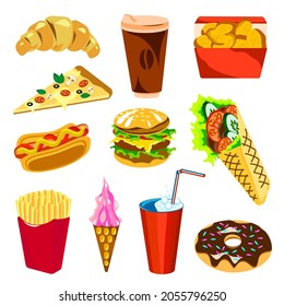 A bright vector set of fast food on a white background.Burger,French fries,coffee,hot dog,nuggets,ice cream,pizza,croissant,drink,donut,shawarma.