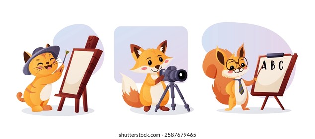 Bright vector set featuring animals in different professions, including a cat artist, a fox photographer, and a squirrel teacher  
