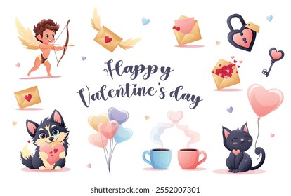 A bright vector set featuring romantic symbols Cupid, hearts, letters, balloons, coffee cups, and adorable animals.
