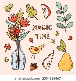 bright vector set with flowers, leaves andfruits. cute elements for stickers, card or prints