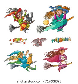 Bright vector set girls witches on broom with cats. Illustration cheerful, humorous young magician and pet to all saints day. Children party Halloween. Charmers in pointed hats flying and build faces