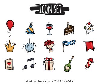Bright vector set of holiday, birthday, congratulation, party icons. Editable hand drawn signs and symbols for decoration, design, app, banner, website