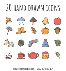 Bright vector set of icons on the theme of autumn. Simple signs and symbols with autumn leaves, vegetables and objects.