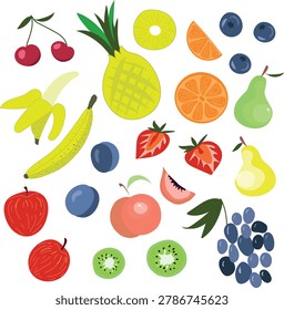 Bright vector set of isolated tropical and garden fruits and berries on a white background. Hand drawn collection of whole and sliced fruits including apple, banana, pineapple, strawberry, kiwi, and grapes. Perfect for healthy food design, menu, stickers, and educational materials.