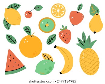 bright vector set with juicy summer fruits on a white background