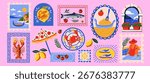 Bright vector set with Mediterranean motifs: pasta, lemons, fish, lobster, crab, tomatoes, sandals, wine, coastal views, decorative tiles, pizza umbrella, stamps, and summer elements