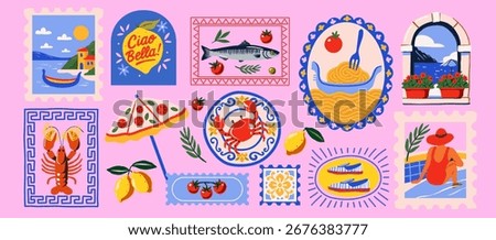Bright vector set with Mediterranean motifs: pasta, lemons, fish, lobster, crab, tomatoes, sandals, wine, coastal views, decorative tiles, pizza umbrella, stamps, and summer elements