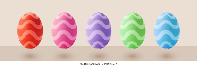 Bright vector set of multi-colored Easter eggs isolated on a beige background. Easter 3D eggs for creating Easter cards, posters, banners.
