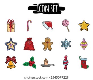 Bright vector set of New Year and Christmas icons. Signs and symbols associated with holidays, winter, gifts and recreation. Simple hand drawn elements for decoration