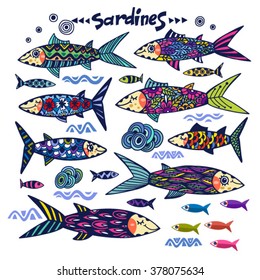 Bright vector set of ornamental sardines.