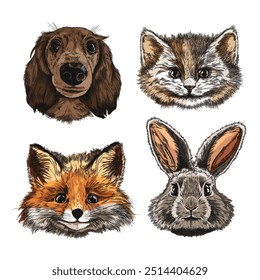 Bright vector set: realistic heads of dogs, cats, foxes and rabbits. Artistic watercolor style portraits isolated for design use or custom logo creation.