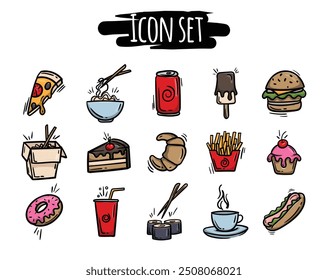 Bright vector set of street food icons. Signs and symbols of fast food, Chinese food, drinks, sweets. Design elements for the design of a menu, website, printing, print